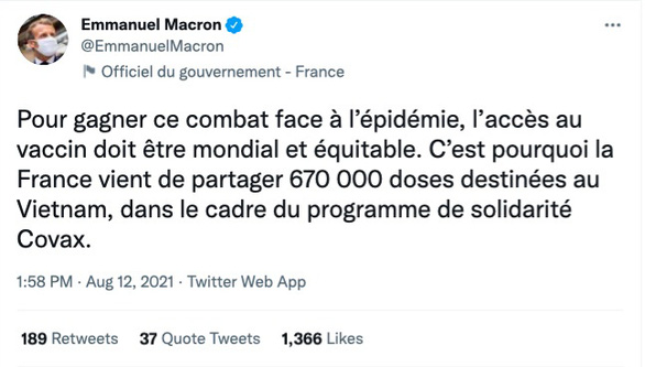 Pháp tặng Việt Nam 670.000 liều vắc xin COVID-19