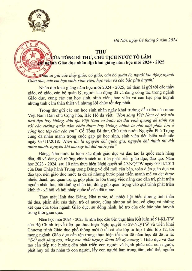 THƯ CỦA TỔNG BÍ THƯ, CHỦ TỊCH NƯỚC TÔ LÂM GỬI NGÀNH GIÁO DỤC NHÂN DỊP KHAI GIẢNG NĂM HỌC 2024-2025