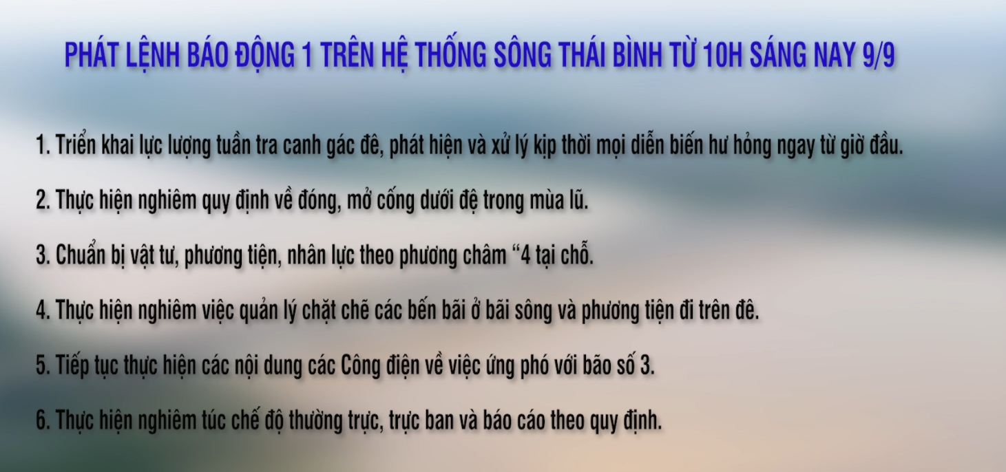 PHÁT LỆNH BÁO ĐỘNG 1 TRÊN HỆ THỐNG SÔNG THÁI BÌNH TỪ 10H SÁNG NAY 9/9     